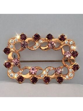 Vintage Gold Tone Pink & Burgundy Rhinestone Brooch